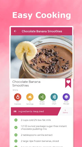 Chocolate Banana Smoothie recipe page with ingredients list, nutritional info, and sharing options in food app