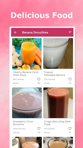 Banana Smoothies collection displaying 4 recipe cards with images, calories, and favorite buttons in cooking app
