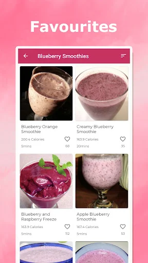 Blueberry Smoothies favorites section showing 6 purple smoothie recipes with nutritional details and heart icons