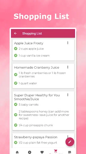 Shopping list feature with ingredients for smoothie recipes including apple juice, cranberries, and carrots