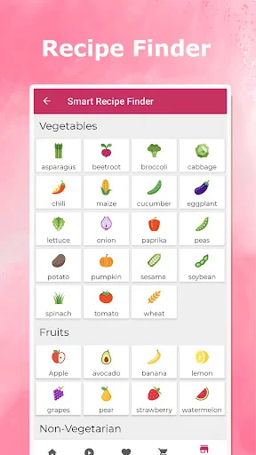 Smart Recipe Finder with vegetable, fruit, and ingredient icons for filtering smoothie recipes by dietary needs
