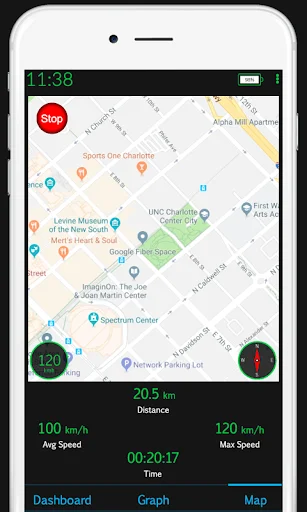 GPS map integration showing current location with speedometer overlay, displaying route tracking and navigation data