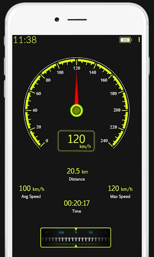 Analog speedometer with yellow LED-style display showing 120 km/h reading and comprehensive trip odometer data