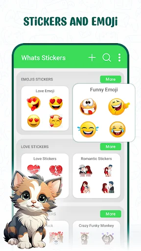 Stickers and Emoji app main screen showing WhatsApp stickers with emoji, love, and romantic sticker packs for messaging