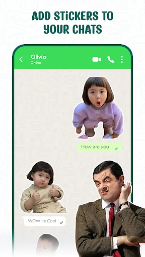 Chat interface showing cute stickers added to WhatsApp conversation with Olivia, featuring funny character stickers