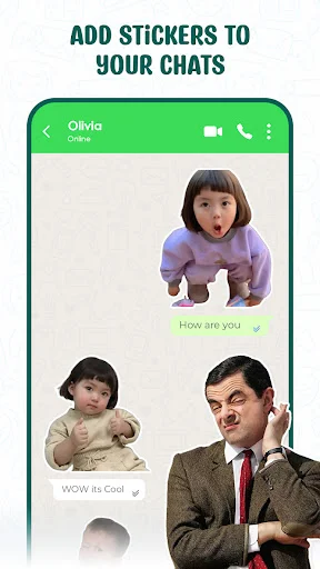 WhatsApp chat showing funny meme stickers and character stickers being used in conversation with contact Olivia