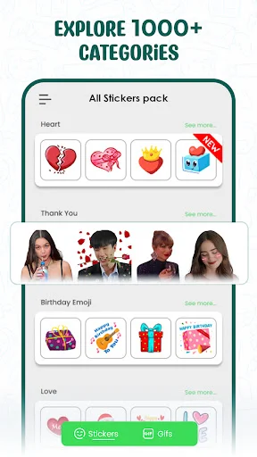 Sticker pack browser with heart, birthday, and love categories plus 1000+ sticker options for messaging apps