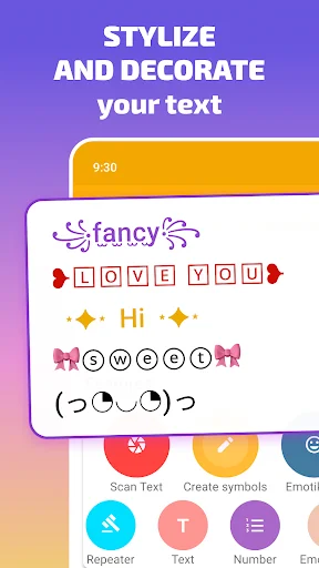 Stylish Text app home screen showing decorative fonts, symbols, and text styling options with colorful interface design
