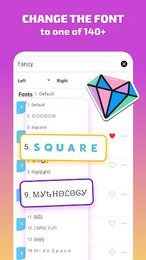 Font selection menu in Stylish Text app displaying 140+ cool font styles including Square, Mythology, and other creative options