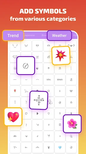 Symbol library showing various categories like Trend and Weather with decorative icons, hearts, stars, and special characters