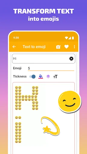 Text to emoji converter feature transforming 'Hi' into emoji patterns with customizable thickness and style settings