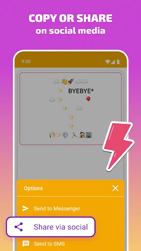 Share menu for styled text showing social media sharing options including Messenger, SMS, and social platform integration