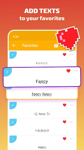 Favorites section displaying saved stylized text designs with heart icons for quick access to preferred font styles