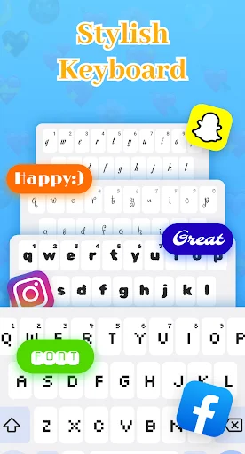 Stylish keyboard interface with multiple decorative font styles including Happy, Great, and Cool themed keyboards