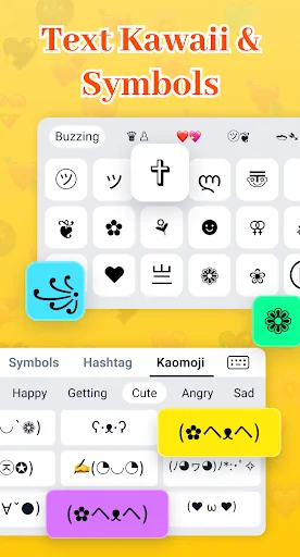Kaomoji and text symbols collection with category tabs for Symbols, Hashtag, Kaomoji, and emotion selections