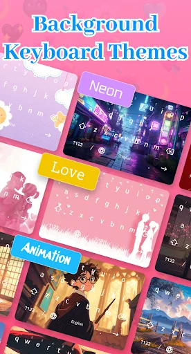 Keyboard theme previews showing Neon, Love, and Animation backgrounds for customizing keyboard visual appearance