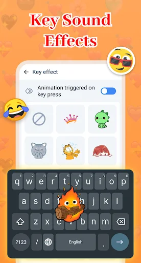 Key effect settings with animation toggle, emoji icons, and keyboard preview displaying animated reactions