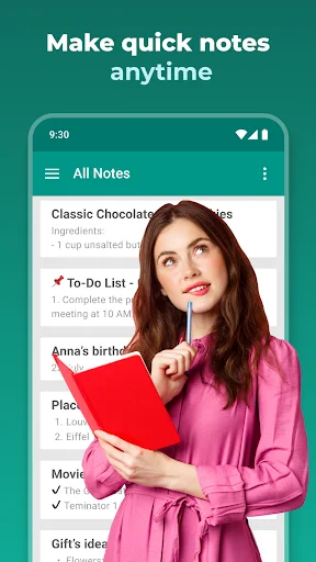 Simple Notes app home screen showing note list with recipe, to-do list, and personal notes for quick productivity