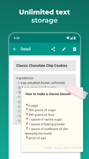 Note detail view displaying chocolate chip cookie recipe with unlimited text storage and editing options