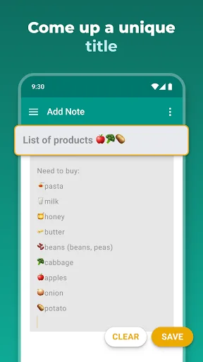 Add new note screen with grocery shopping list featuring colorful emojis and intuitive note creation interface