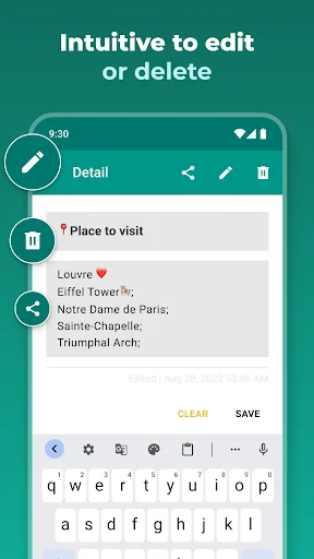 Note editing interface with delete and share options, on-screen keyboard for easy text input and modification