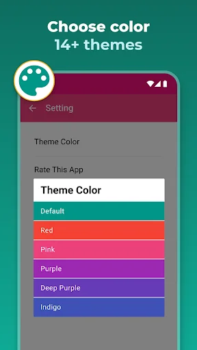 App settings showing 14+ color themes including teal, red, pink, purple options for personalized note-taking