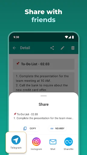 Share note feature with social media and messaging apps including Telegram, Instagram, Mail, and ShareMe options