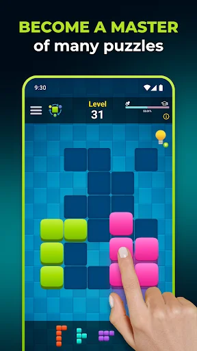 Tangram Puzzle Game 3 in 1 Level 31 gameplay showing colorful block puzzle with finger placing pieces on blue grid