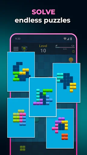Tangram puzzle game Level 10 showing multiple solved block puzzle screenshots with colorful tetris-style pieces