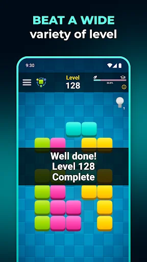 Tangram block puzzle Level 128 completion screen showing 'Well done!' message with colorful arranged puzzle pieces