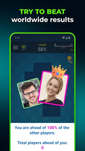 Tangram puzzle Level 501 leaderboard showing player photos with crown and 100% ahead worldwide ranking statistics