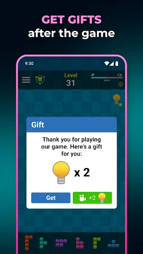 Tangram puzzle game gift reward popup showing 2 lightbulb hints after completing Level 31 with Get button