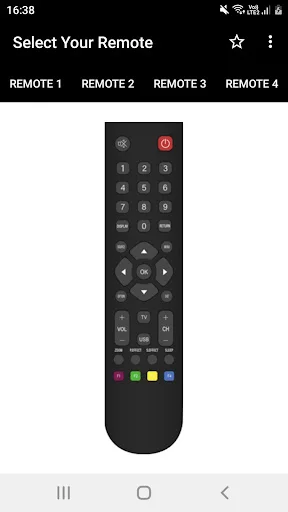 Thomson remote control interface in app showing Remote 3 with power button, number keys, and navigation pad