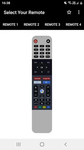 Thomson remote Remote 8 with YouTube and Google Play buttons, two-tone design and navigation controls