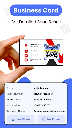 Business card scanner extracting contact details including name, phone, email, address with save QR image options