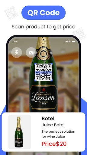 QR code scanner app displaying product price lookup for Lanson champagne bottle with $20 price result