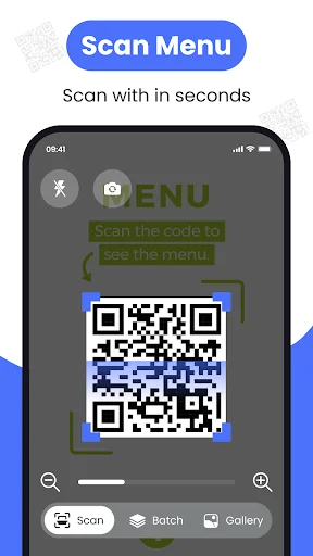 QR code scanner menu interface with scan prompt and camera viewfinder for quick scanning
