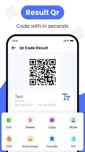 QR code scan results screen showing decoded text with edit, delete, copy and share action buttons