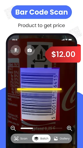 Barcode scanner showing product price detection with $12.00 price overlay on scanned item