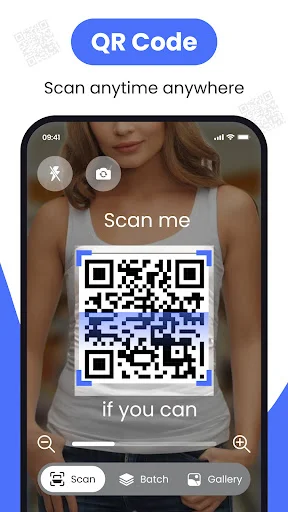 QR code scanner interface with blue-framed detection area, camera and photo icons, scan/batch/gallery buttons