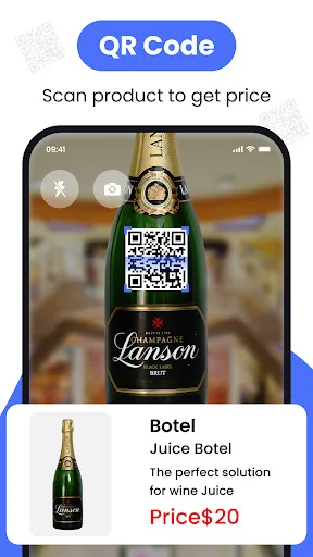 QR scanner app detecting wine bottle product, displaying Botel brand name and $20 price information