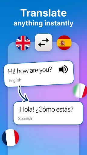 Translate app main screen showing instant translation from English 'Hi! how are you?' to Spanish '¡Hola! ¿Cómo estás?'