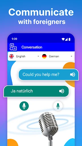 Language translator conversation mode with English-German translation, voice input buttons and microphone interface