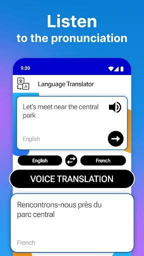 Translation app pronunciation feature displaying English to French voice translation with audio playback controls