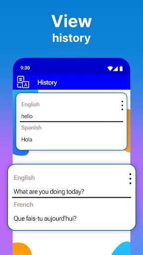 Translation history view showing saved English-Spanish and English-French translations for quick access