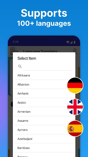 Language selection menu displaying 100+ supported languages including Afrikaans, Albanian, Arabic with country flags