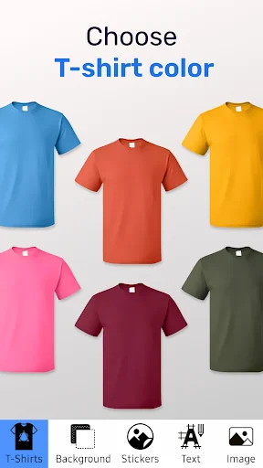 Choose t-shirt color screen in design app showing 6 colorful blank t-shirt options: blue, red, yellow, pink, burgundy, green
