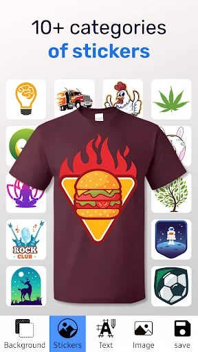 T-shirt design app stickers category showing 10+ sticker options including burger, lightbulb, sports themes on purple shirt