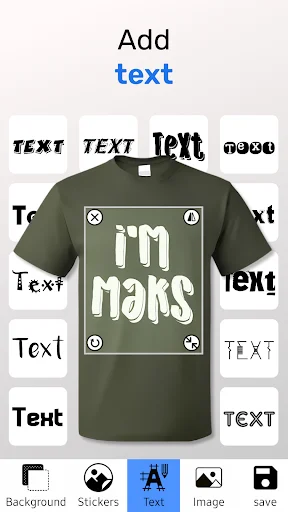Add text feature in t-shirt designer showing 'I'M MARS' text on green shirt with various font style options available