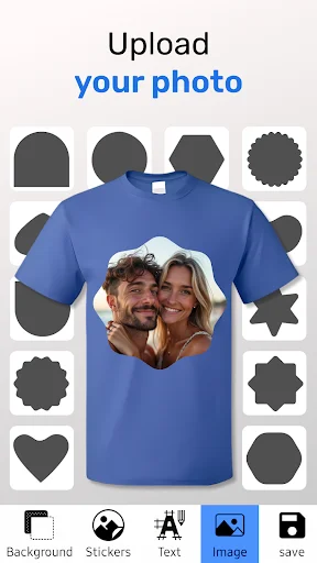 Upload your photo feature displaying blue t-shirt with couple's photo in circular frame and shape selection tools